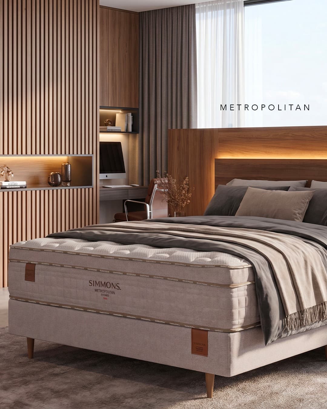 Conjunto box Simmons Metropolitan em quarto amplo com luz de janela, com a legenda “Metropolitan” sobre a imagem